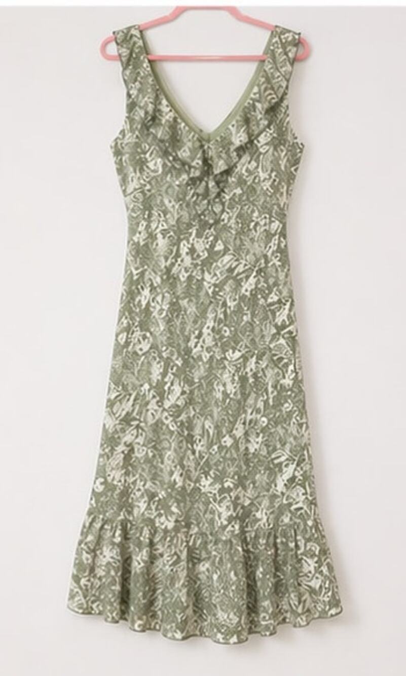 Jonathan Martin Studio Green Flounce Floral Midi Dress 100% Silk Ruffle Neck 12 - Picture 1 of 6